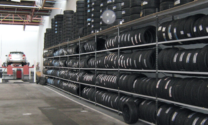 Tyres stored on 'Works' shelving