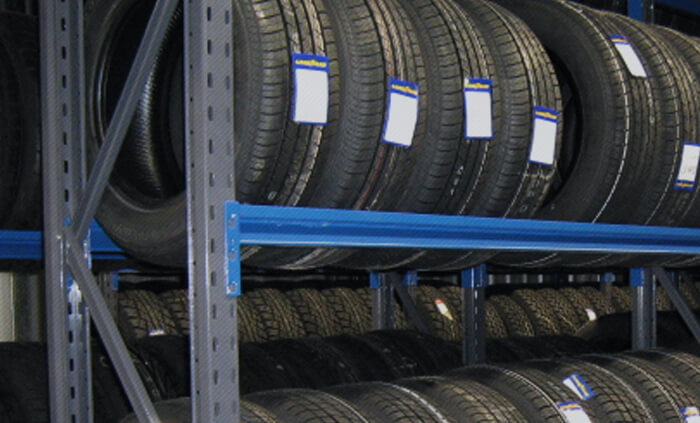 Close up of tyres in a rack