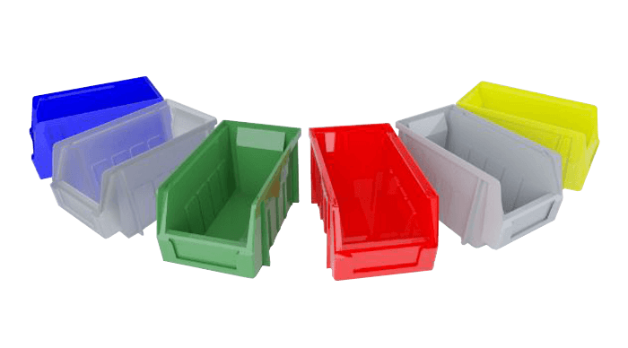 Bins in each colour: blue, clear, green, red, grey, and yellow.