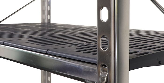 Close up of stainless steel shelving